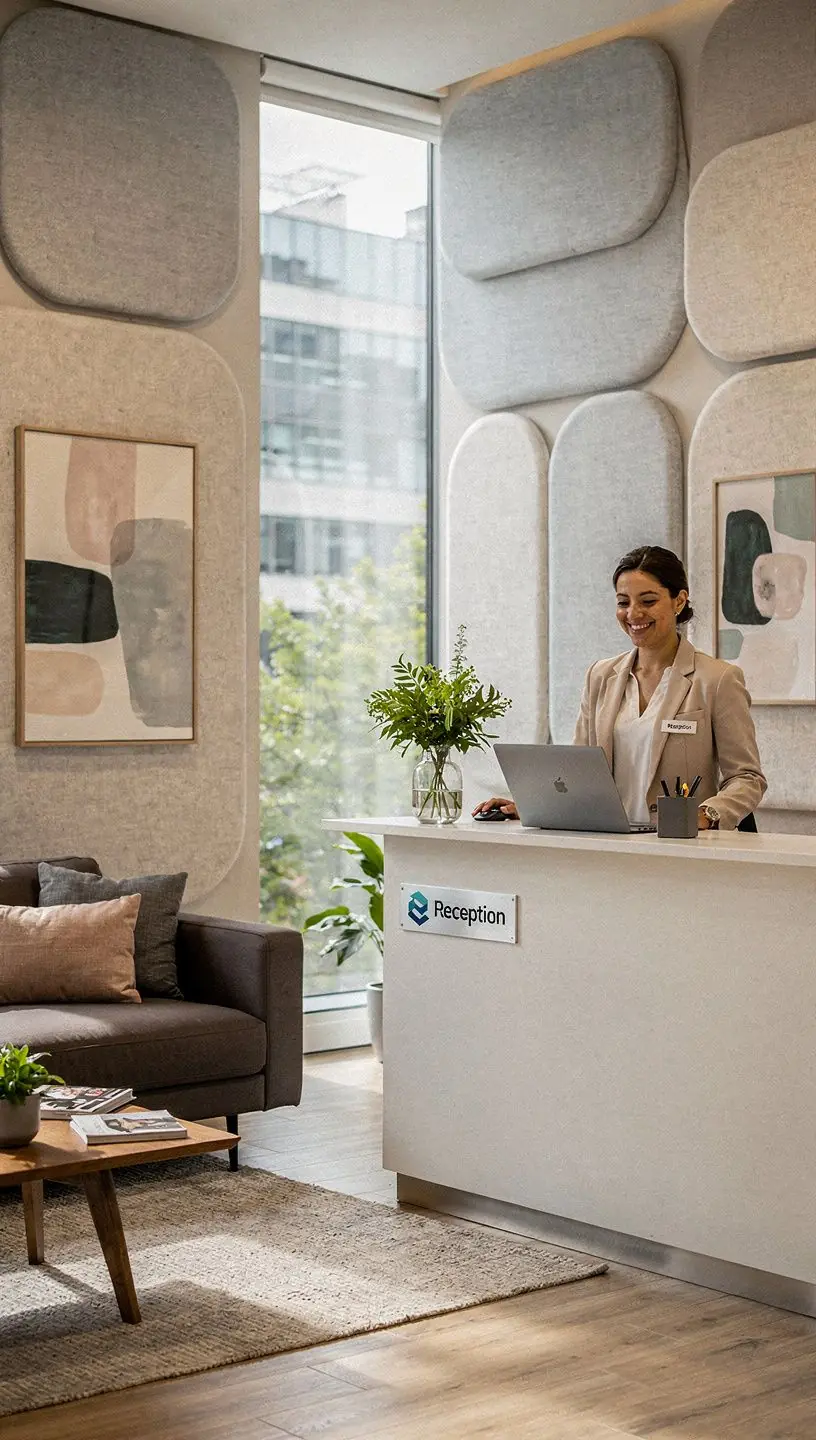 Strefa współpracy w biurze z wygodnymi siedziskami i roślinnością.