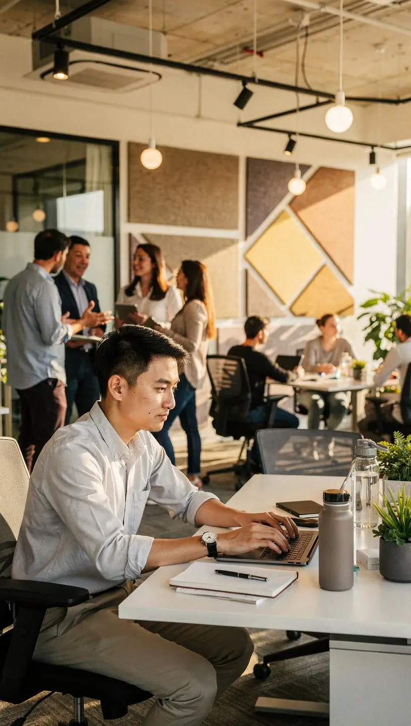 Biuro z dużymi oknami, które zapewniają naturalne światło i dobrą akustykę.